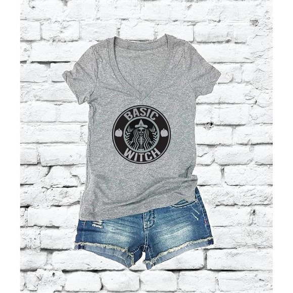 Basic Witch Print Women's V-Neck T-shirt - Picture 1 of 4